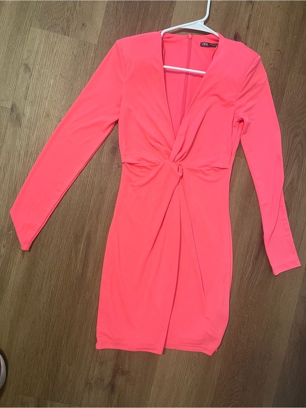 Zara Hot Pink Twist-Front Long Sleeve Dress